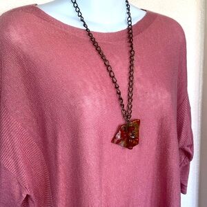 RED JASPER NECKLACE polished slab, brass chain, red agate bead. hand-made.